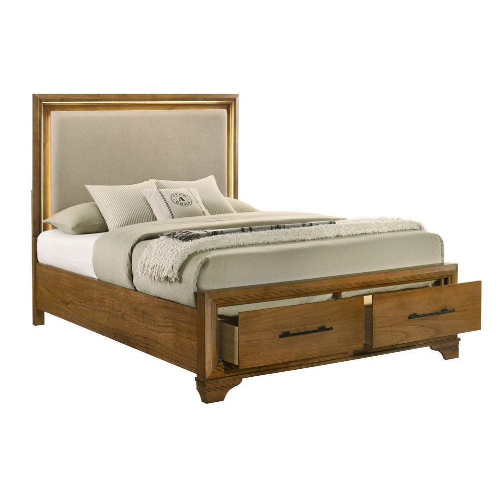 Tey King Bed w Storage | LED Headboard | Honey Brown | Cream Upholstery