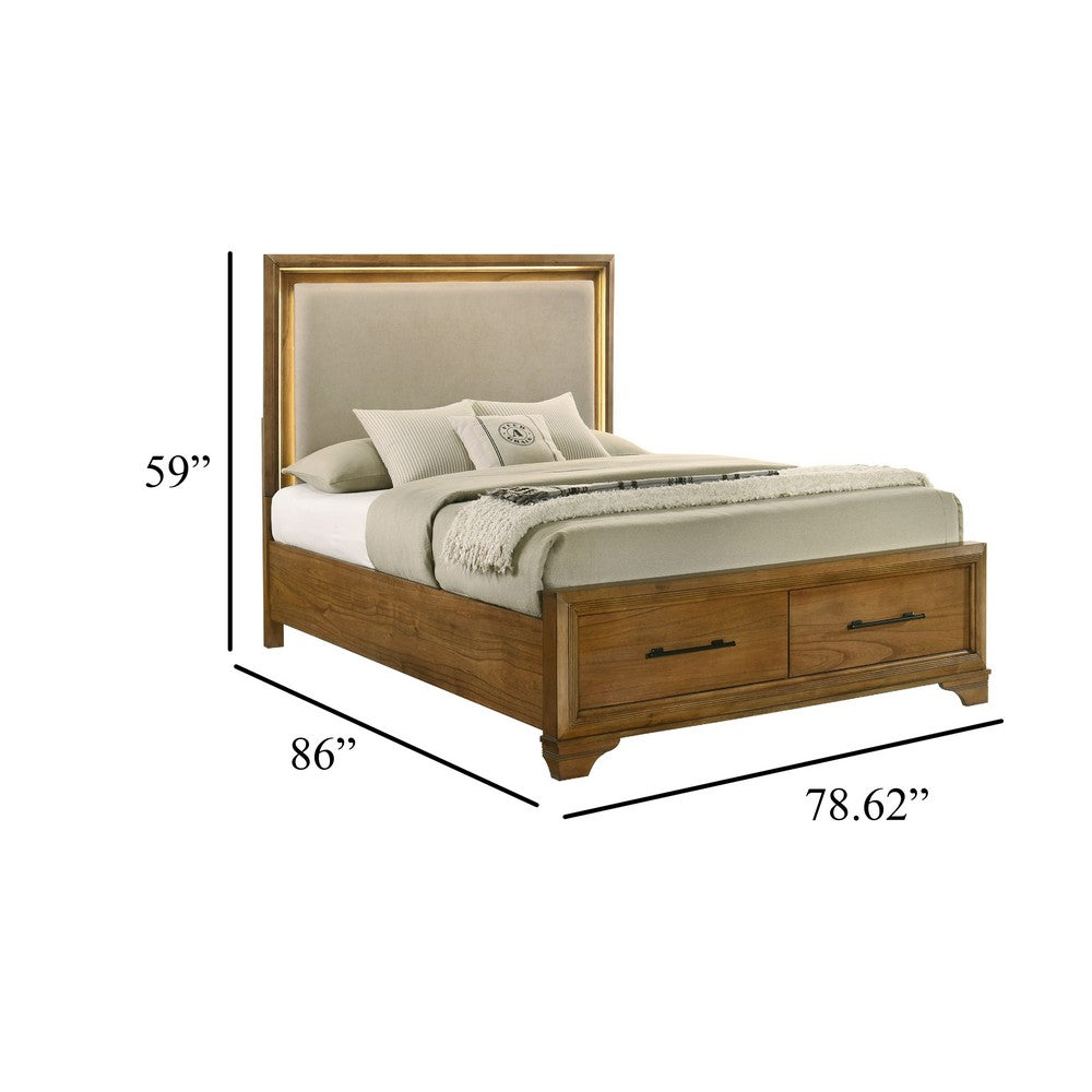 Tey King Bed w Storage | LED Headboard | Honey Brown | Cream Upholstery