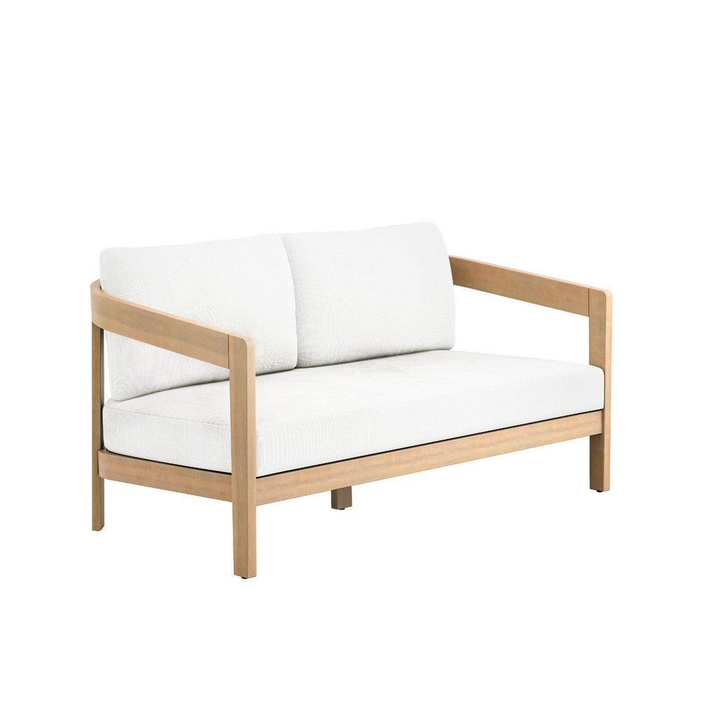 Heya Outdoor Loveseat | White Cushions | 59" Natural Brown Wood Frame