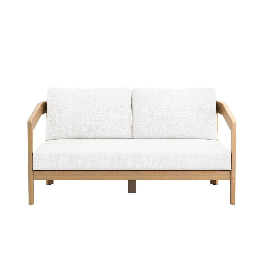 Heya Outdoor Loveseat | White Cushions | 59" Natural Brown Wood Frame