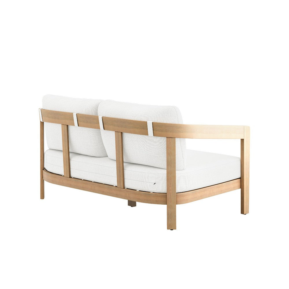 Heya Outdoor Loveseat | White Cushions | 59" Natural Brown Wood Frame