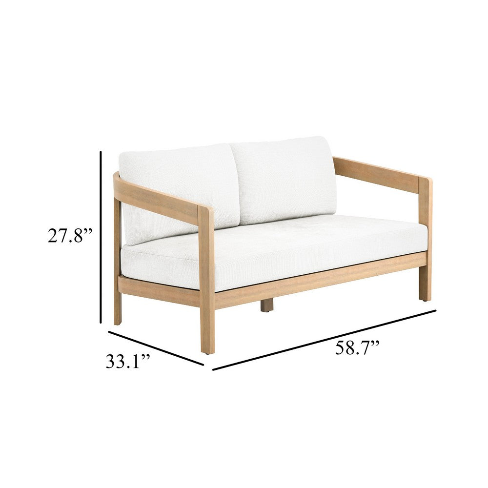 Heya Outdoor Loveseat | White Cushions | 59" Natural Brown Wood Frame