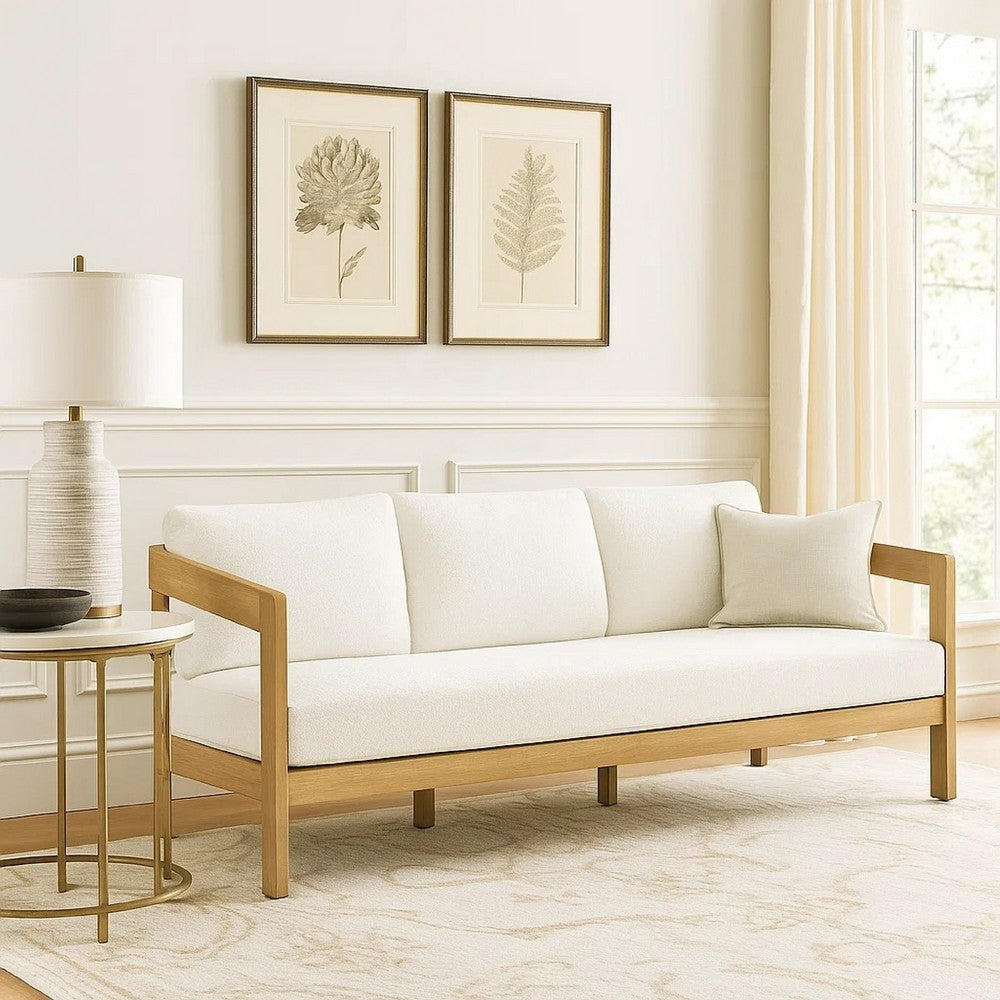 Heya Outdoor Sofa | White Cushions | 79" Natural Brown Wood Frame