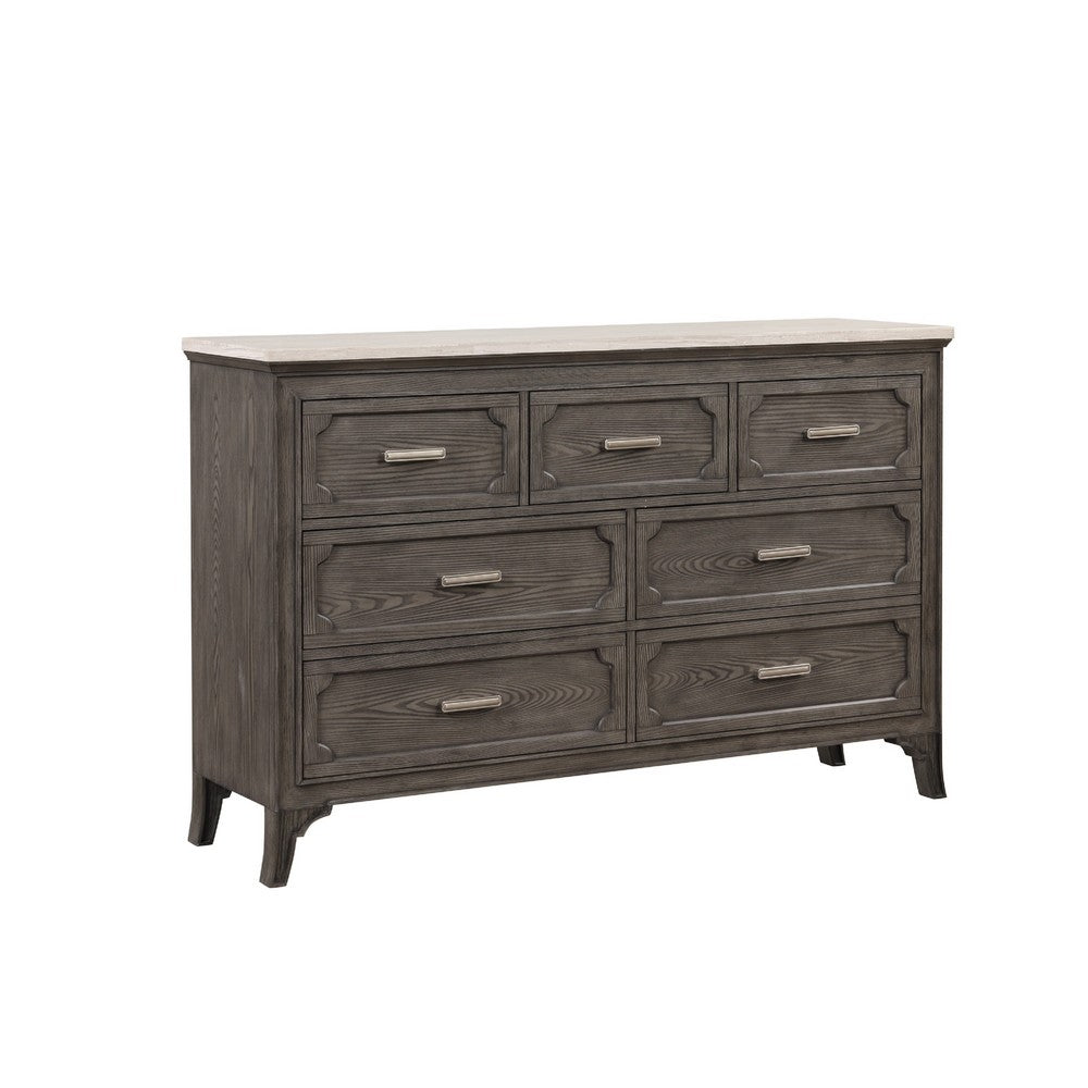 Leslee 62" Wide Dresser | 7 Drawers | White Marble Top | Weathered Gray