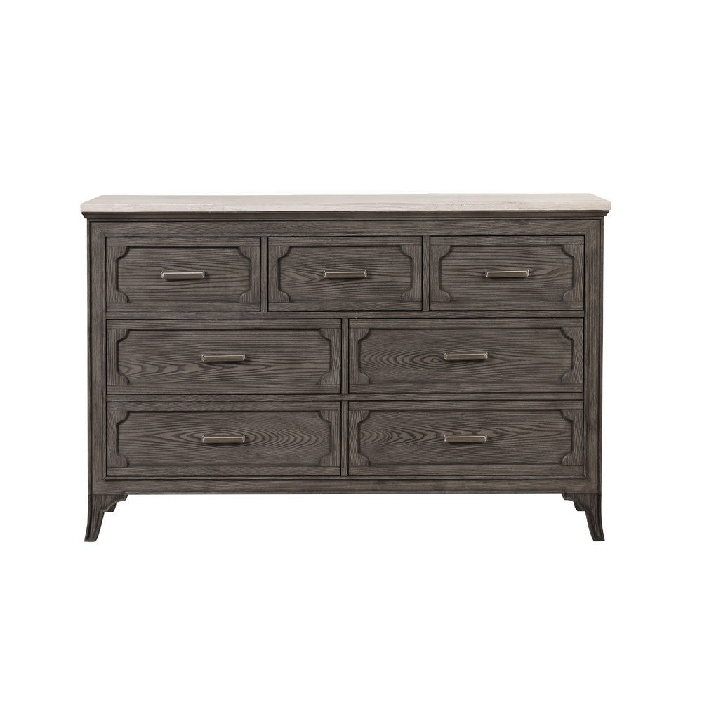 Leslee 62" Wide Dresser | 7 Drawers | White Marble Top | Weathered Gray