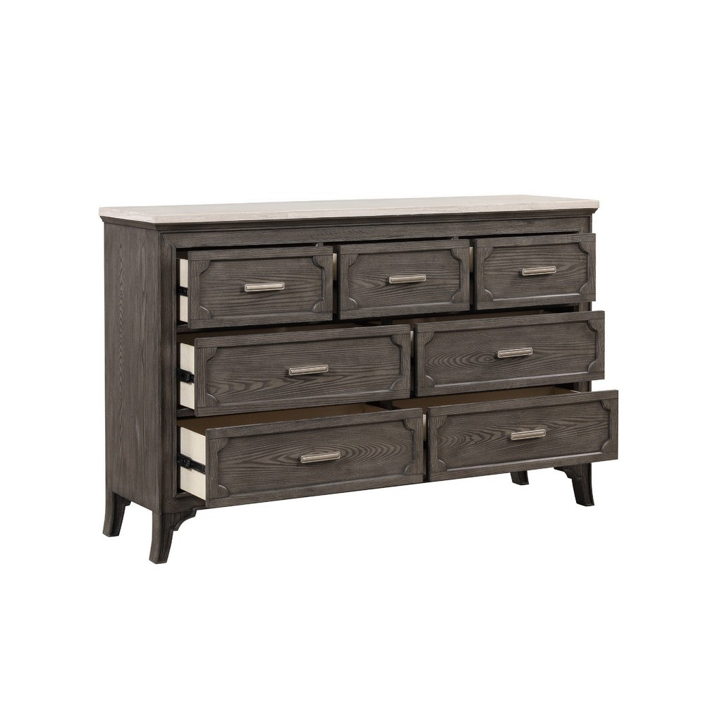 Leslee 62" Wide Dresser | 7 Drawers | White Marble Top | Weathered Gray