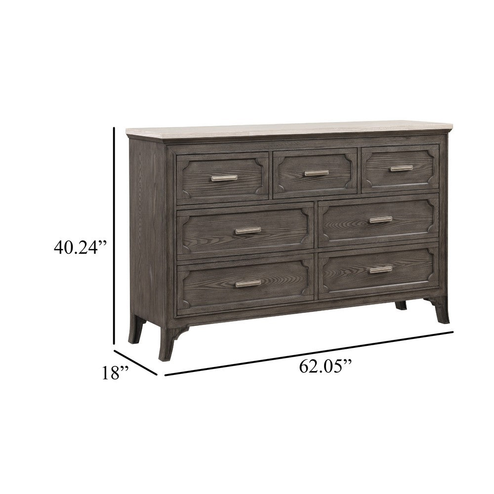Leslee 62" Wide Dresser | 7 Drawers | White Marble Top | Weathered Gray