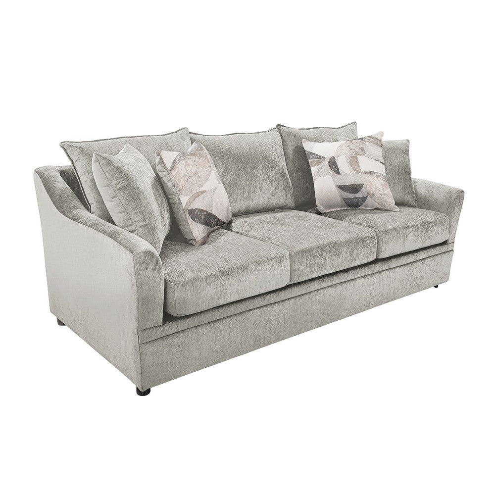 Ivie Modern Sofa | 4 Accent Pillows | Silver Gray Polyester | 81"