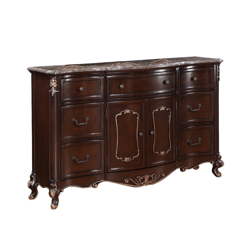 Cona French Dresser | 7 Gold Accent Drawers | Royal Cherry Brown Marble Top