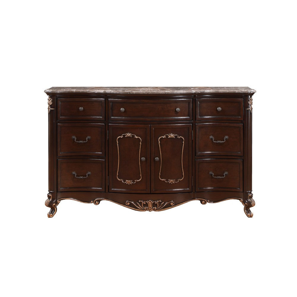 Cona French Dresser | 7 Gold Accent Drawers | Royal Cherry Brown Marble Top