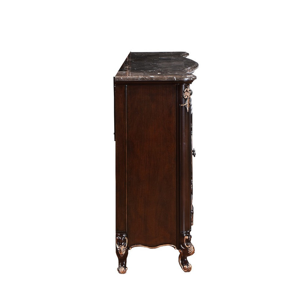 Cona French Dresser | 7 Gold Accent Drawers | Royal Cherry Brown Marble Top