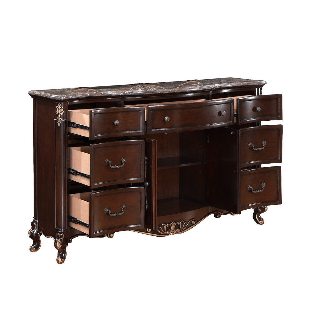 Cona French Dresser | 7 Gold Accent Drawers | Royal Cherry Brown Marble Top