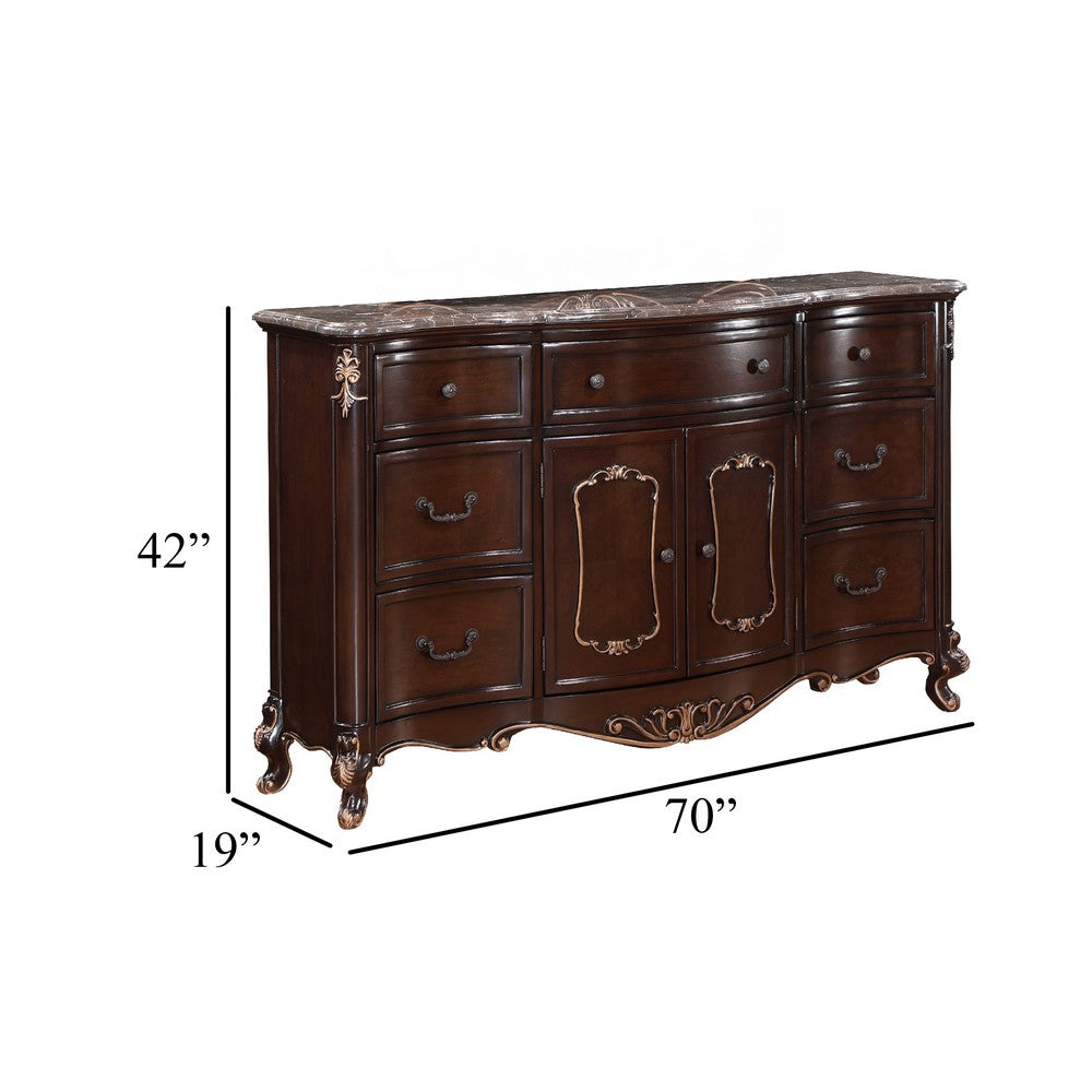 Cona French Dresser | 7 Gold Accent Drawers | Royal Cherry Brown Marble Top