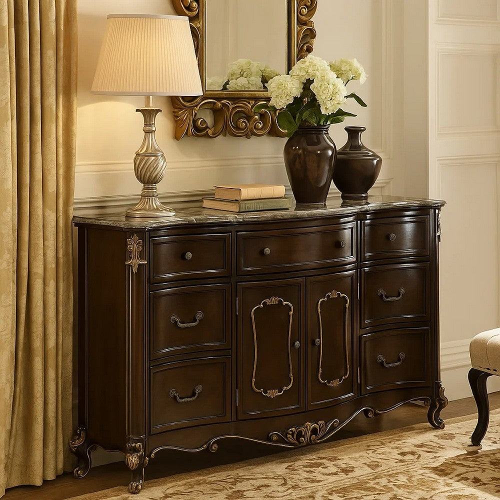 Cona French Dresser | 7 Gold Accent Drawers | Royal Cherry Brown Marble Top