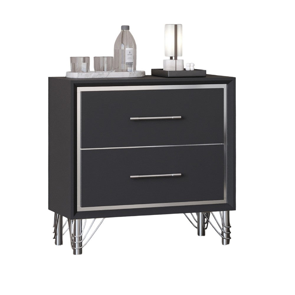 Zoe Modern Nightstand w 2 Drawers | Ebony Black & 'Silver