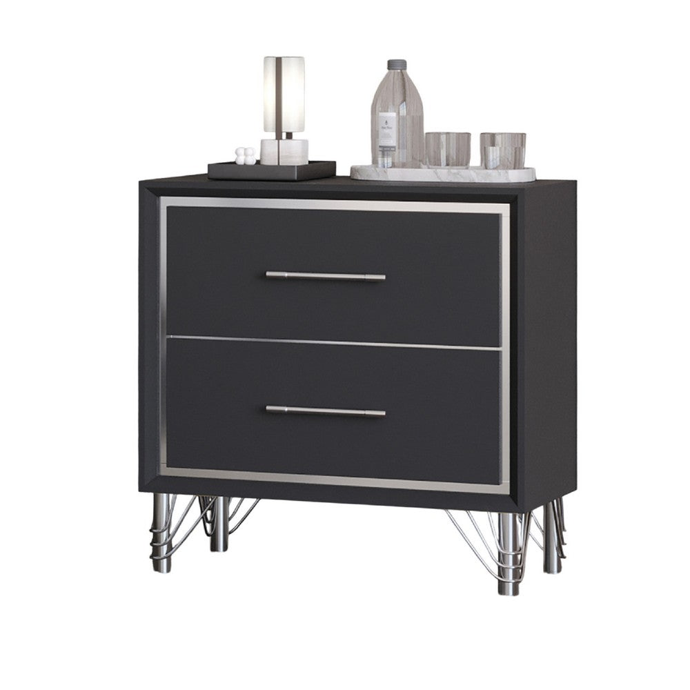Zoe Modern Nightstand w 2 Drawers | Ebony Black & 'Silver