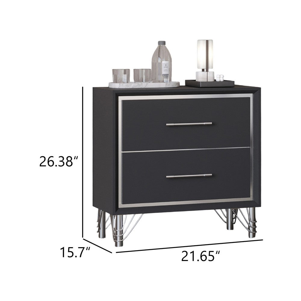 Zoe Modern Nightstand w 2 Drawers | Ebony Black & 'Silver