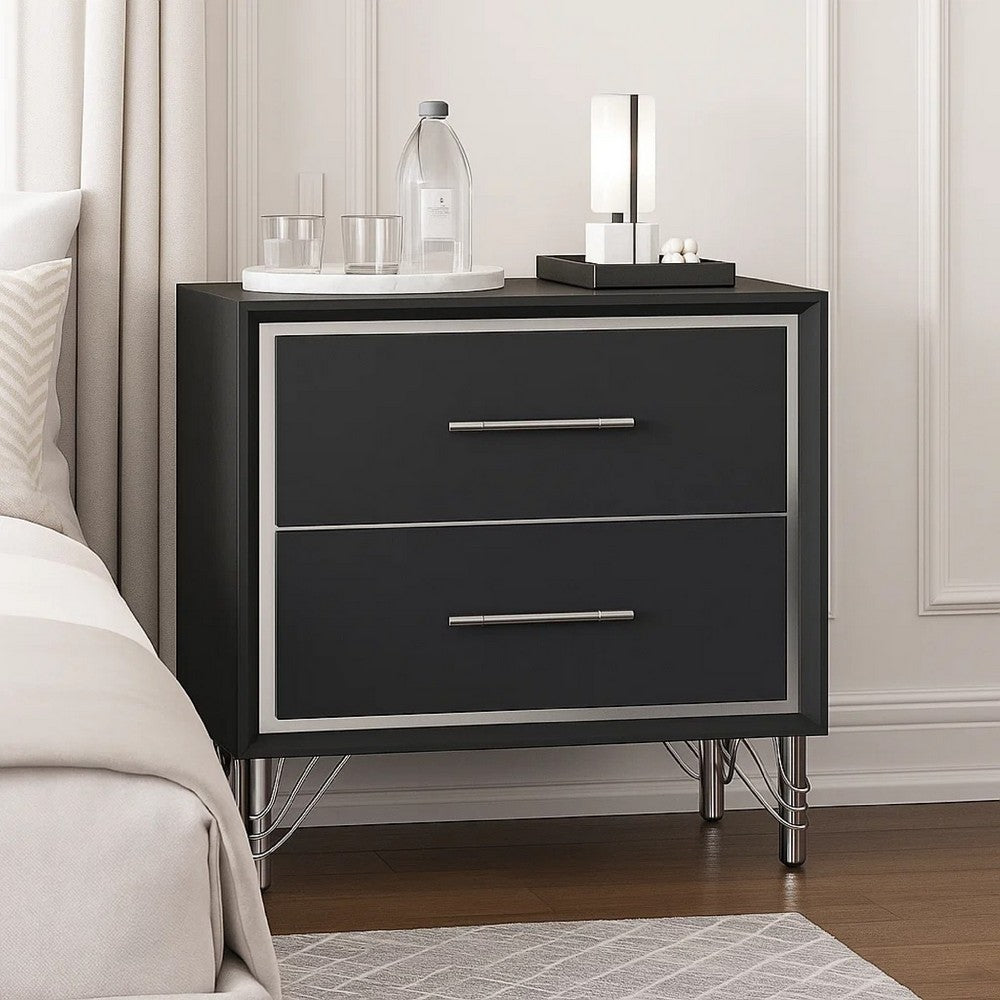 Zoe Modern Nightstand w 2 Drawers | Ebony Black & 'Silver