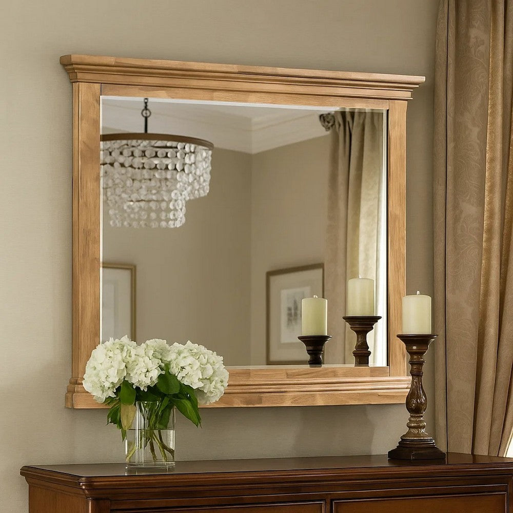 Seny Dresser Mirror | Crown Molding | Honey Brown Rubberwood | 33x48