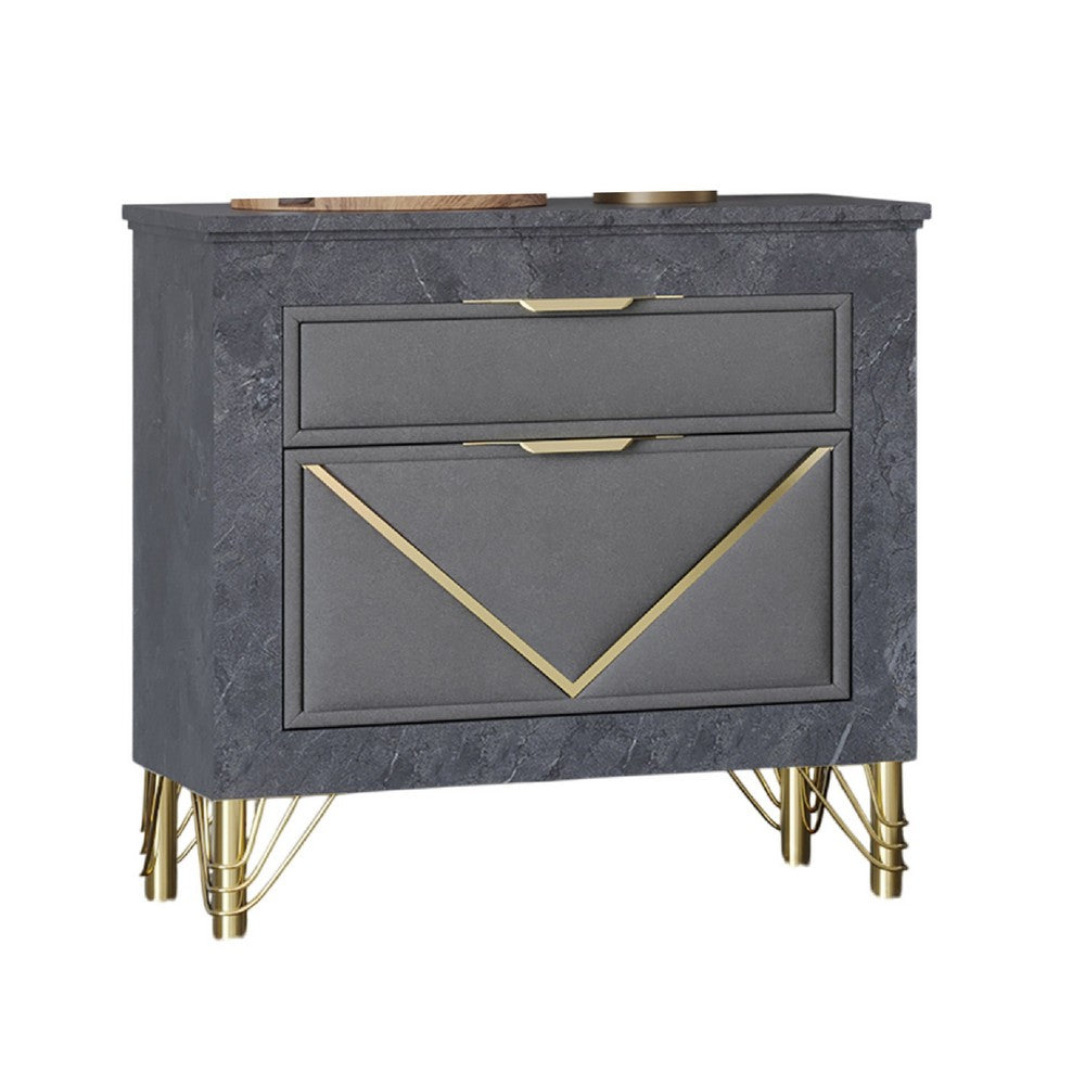 Semy Nightstand | 2 Gold Accented Drawers | Gray Marble Laminate
