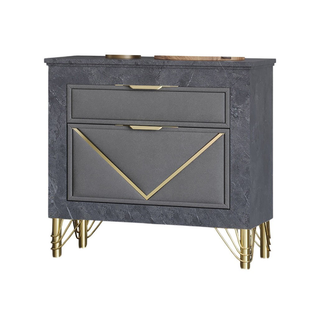 Semy Nightstand | 2 Gold Accented Drawers | Gray Marble Laminate