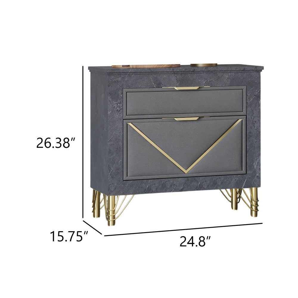 Semy Nightstand | 2 Gold Accented Drawers | Gray Marble Laminate