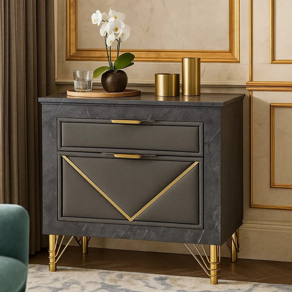 Semy Nightstand | 2 Gold Accented Drawers | Gray Marble Laminate