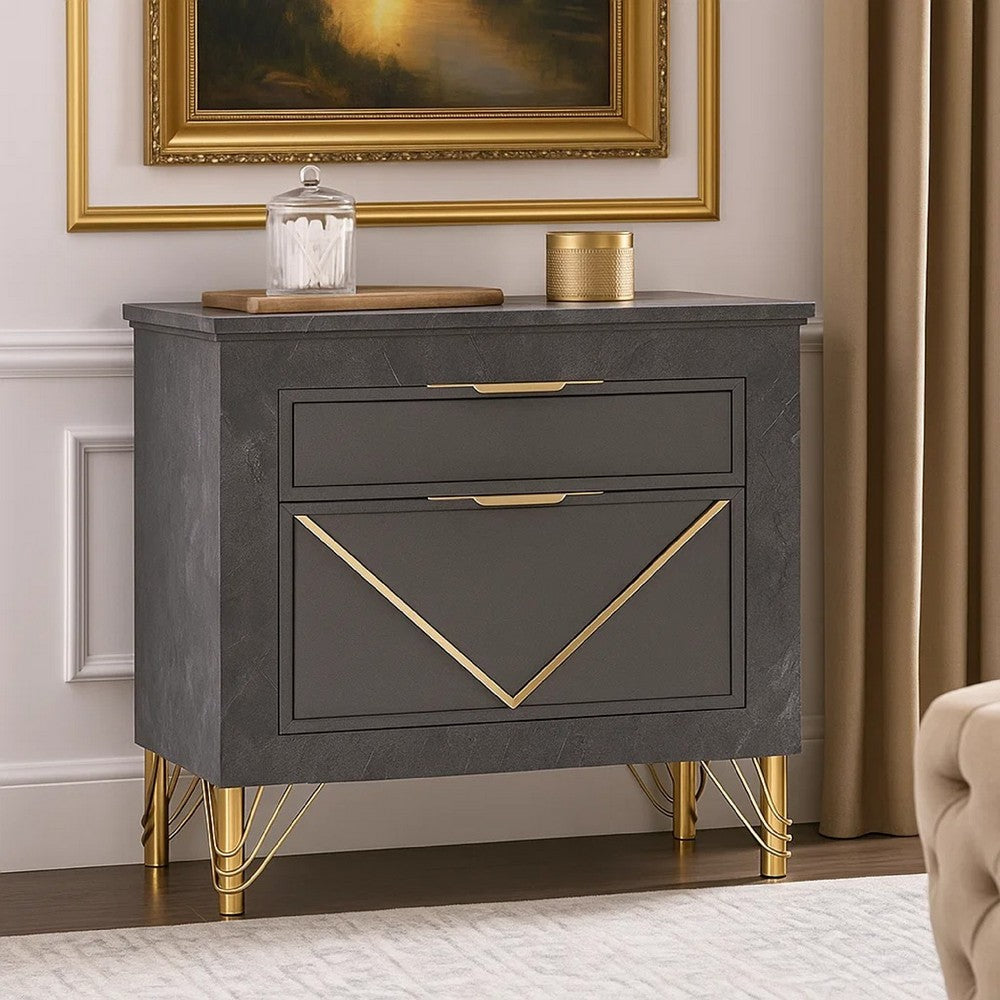 Semy Nightstand | 2 Gold Accented Drawers | Gray Marble Laminate