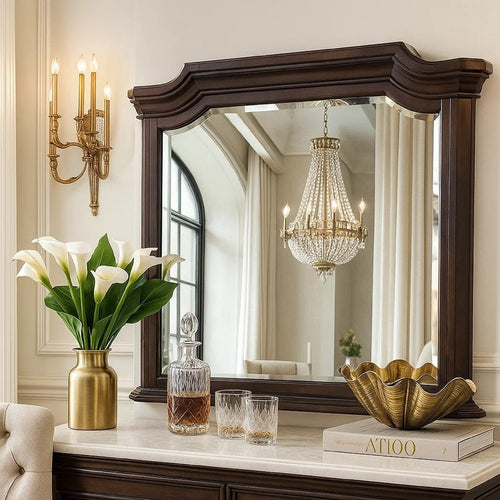 Lynda Dresser Mirror | 44" Low Distortion | Walnut Brown Crown Molding