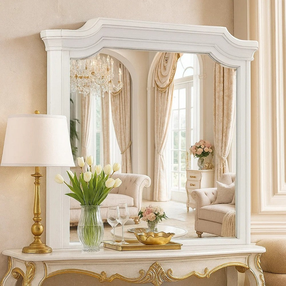 Lynda Dresser Mirror | 44" Low Distortion | Antique White Crown Molding