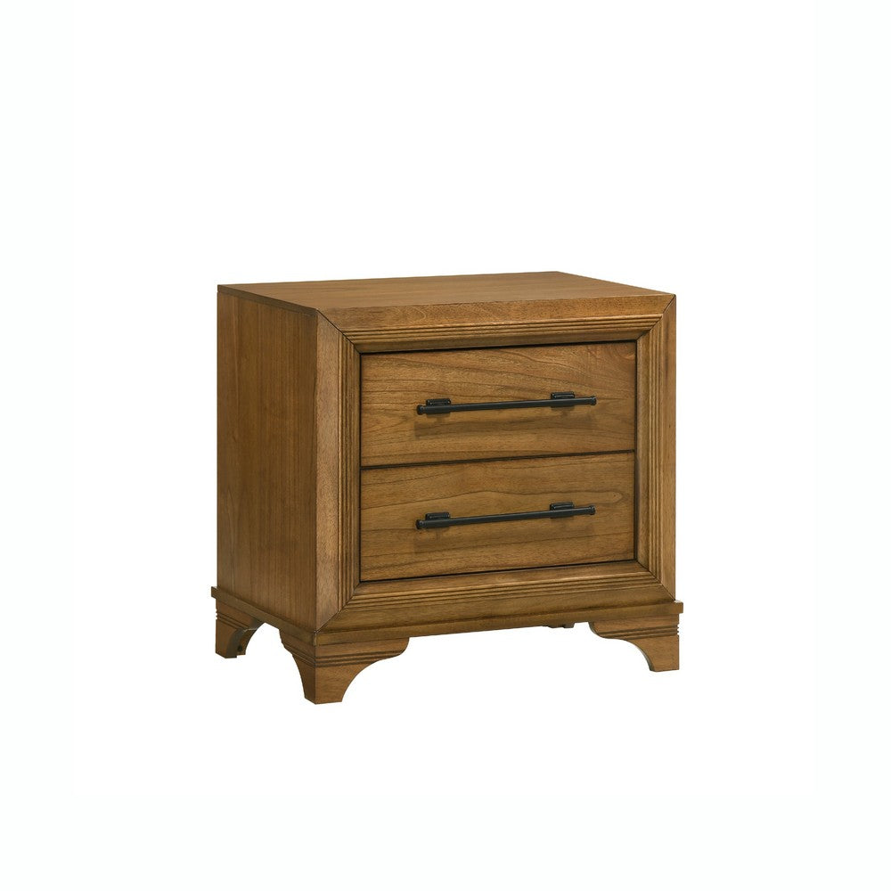 Tey Nightstand | 2 Drawers w Long Black Handles | Honey Brown