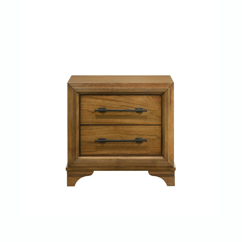 Tey Nightstand | 2 Drawers w Long Black Handles | Honey Brown