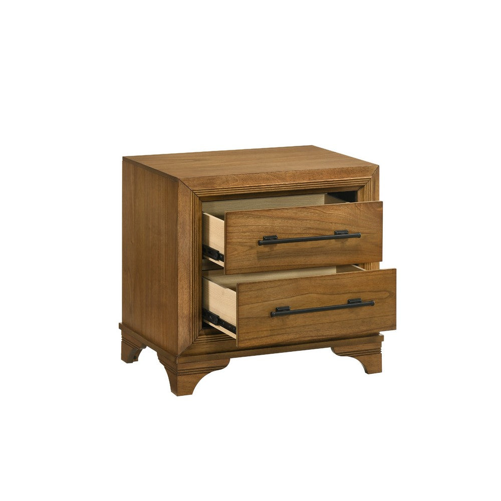 Tey Nightstand | 2 Drawers w Long Black Handles | Honey Brown
