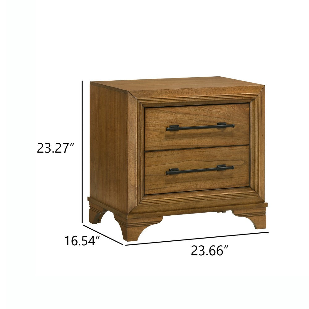 Tey Nightstand | 2 Drawers w Long Black Handles | Honey Brown