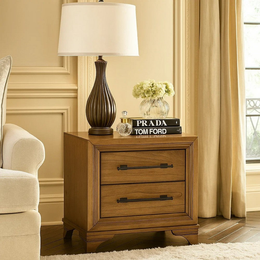 Tey Nightstand | 2 Drawers w Long Black Handles | Honey Brown