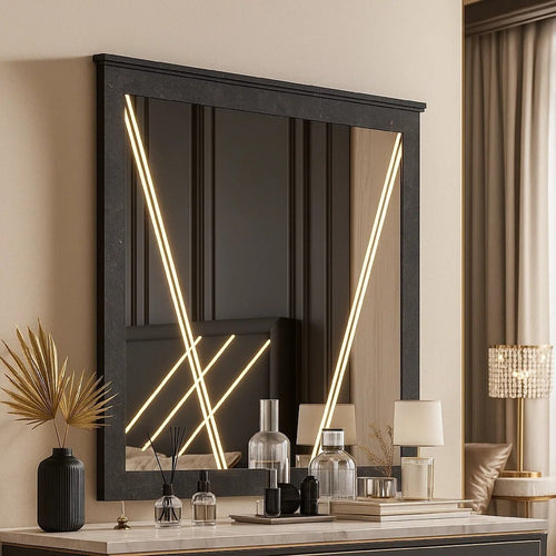 Semy Dresser Mirror | 40" Lighted Gray Marble Frame | Low Distortion