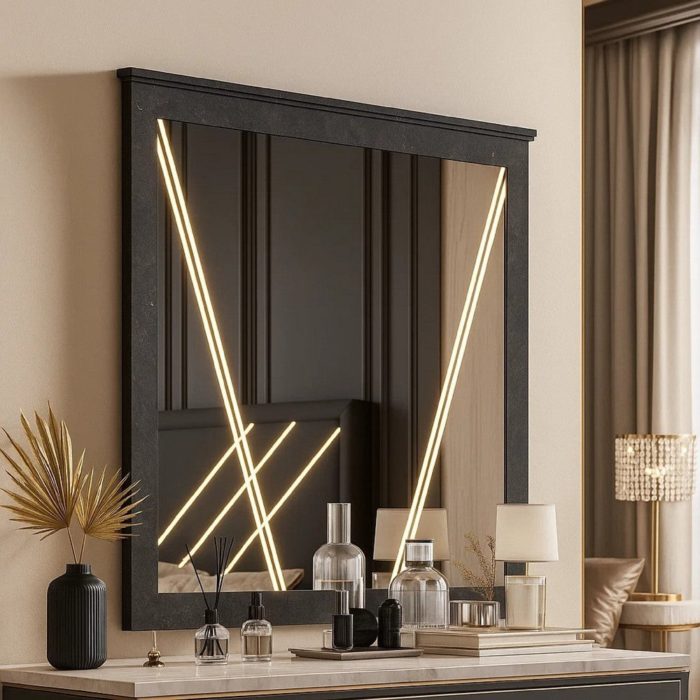 Semy Dresser Mirror | 40" Lighted Gray Marble Frame | Low Distortion