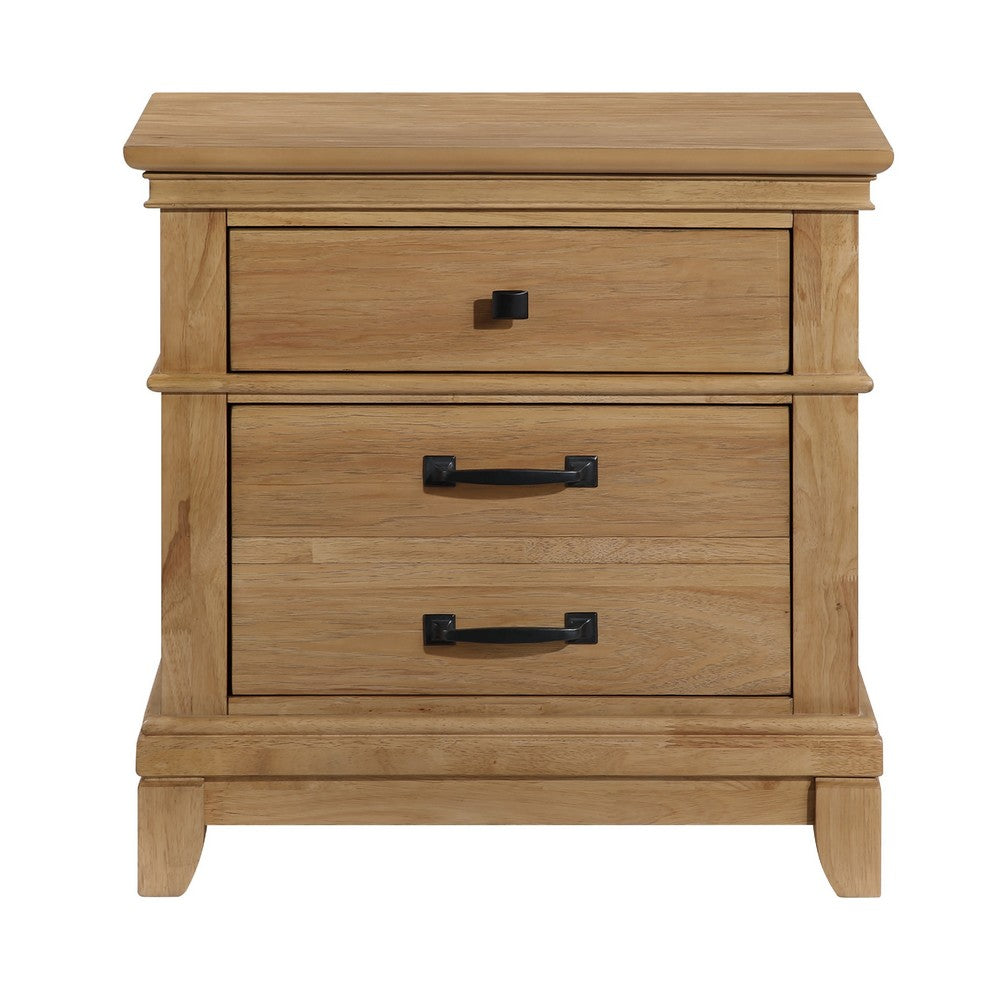 Seny Nightstand | 2 Drawers w Black Handles & 1 Knob | Honey Brown
