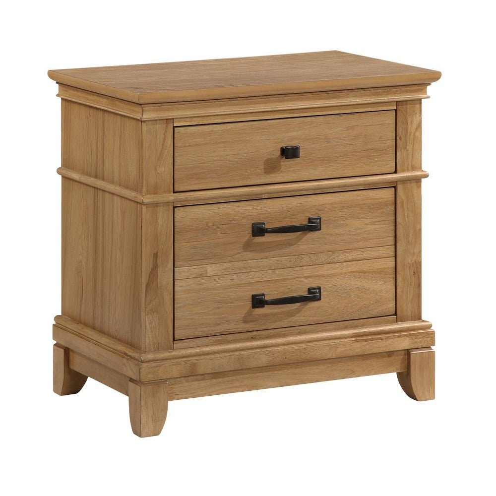 Seny Nightstand | 2 Drawers w Black Handles & 1 Knob | Honey Brown