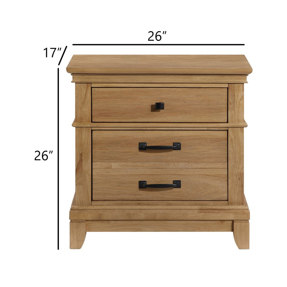Seny Nightstand | 2 Drawers w Black Handles & 1 Knob | Honey Brown