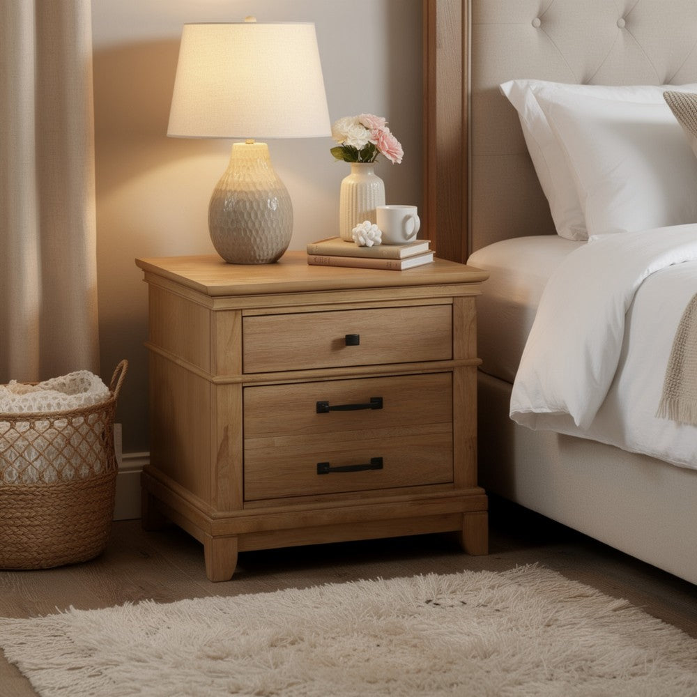 Seny Nightstand | 2 Drawers w Black Handles & 1 Knob | Honey Brown