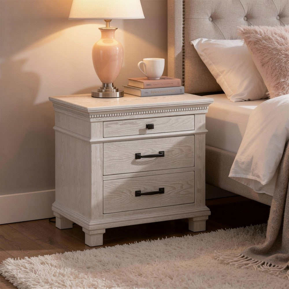 Avy Nightstand | 3 Drawers w Black Handles & 1 Knob | Mist Gray