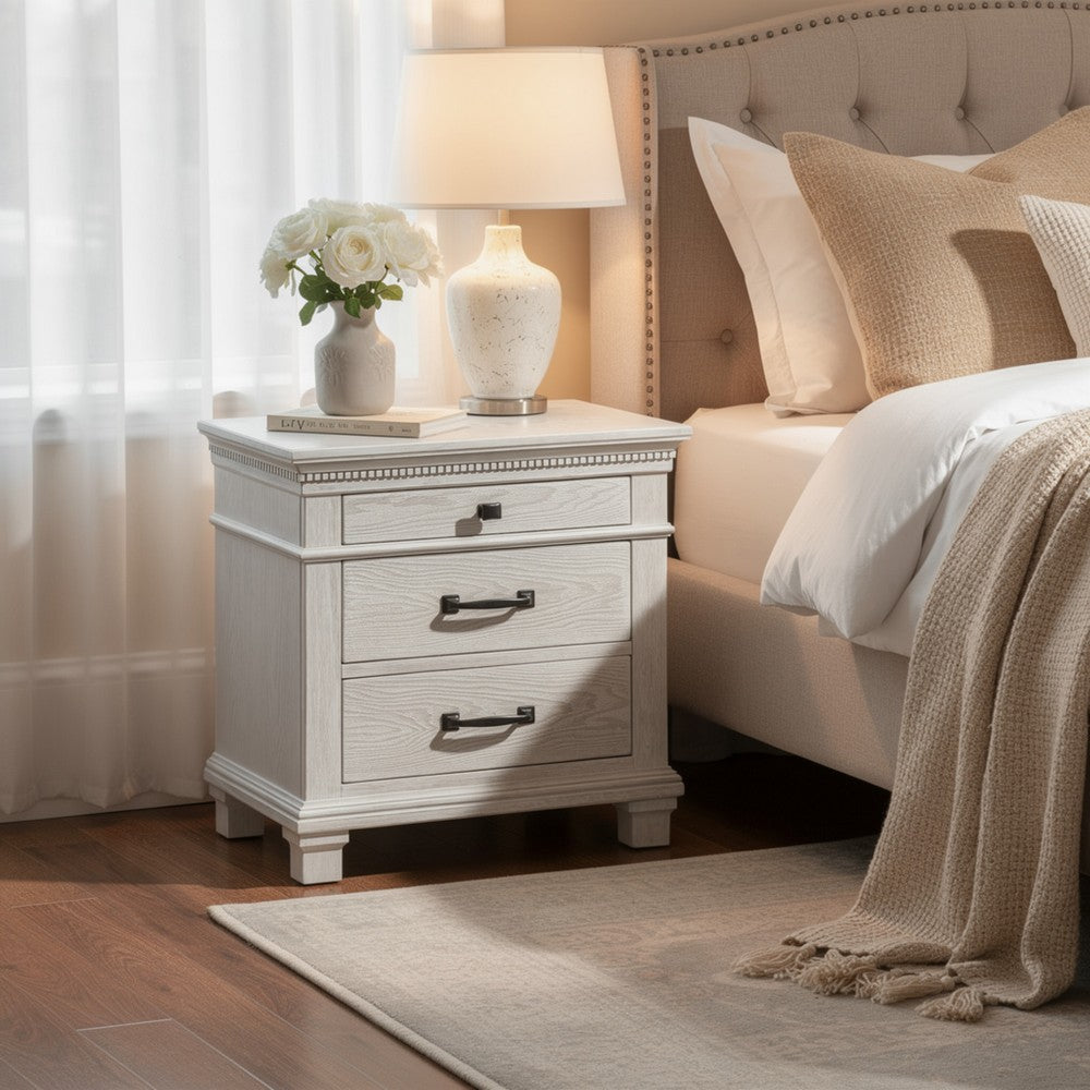 Avy Nightstand | 3 Drawers w Black Handles & 1 Knob | Mist Gray
