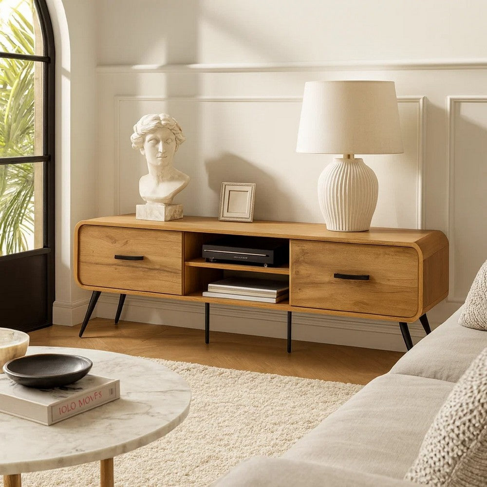 Wea TV Media Console | 71" | 2 Drawers w Open Shelves | Oak Brown