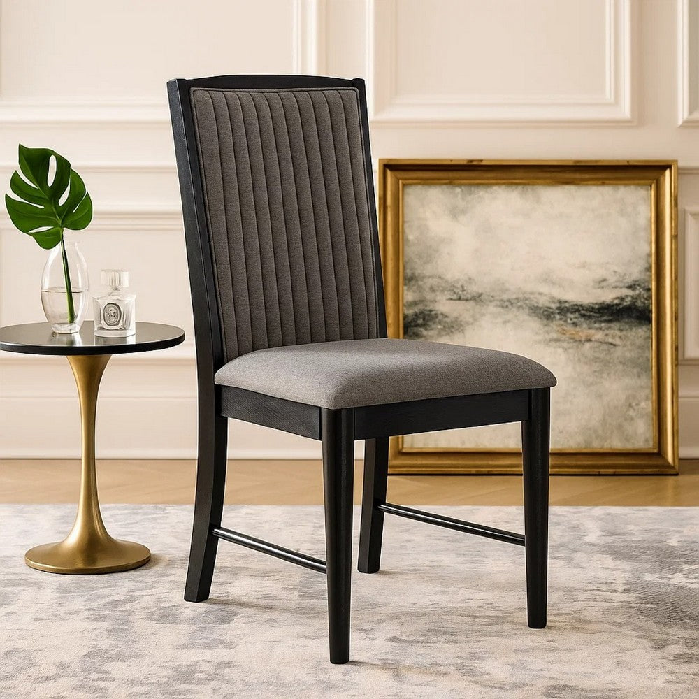 Sevy Dining Side Chair Set of 2 | Gray Ribbed Back | Black Rubberwood