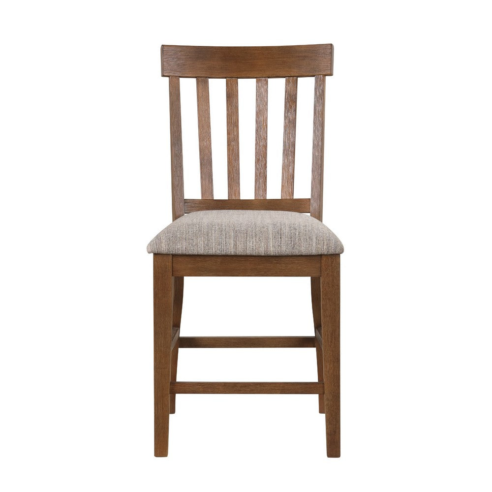 Counter Height Chair Set of 2 | Brown Slatted Back | Gray Polyester