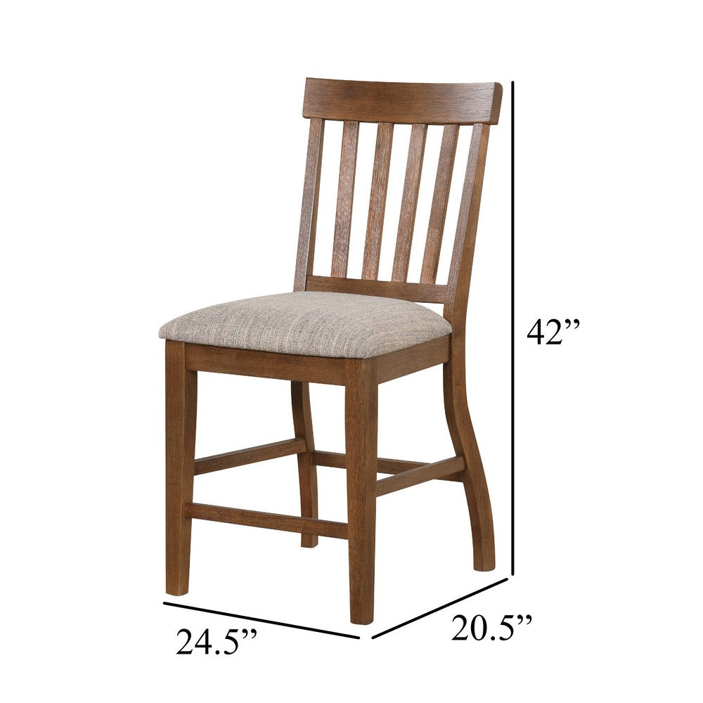Counter Height Chair Set of 2 | Brown Slatted Back | Gray Polyester