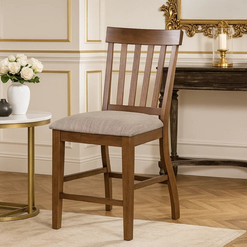 Counter Height Chair Set of 2 | Brown Slatted Back | Gray Polyester