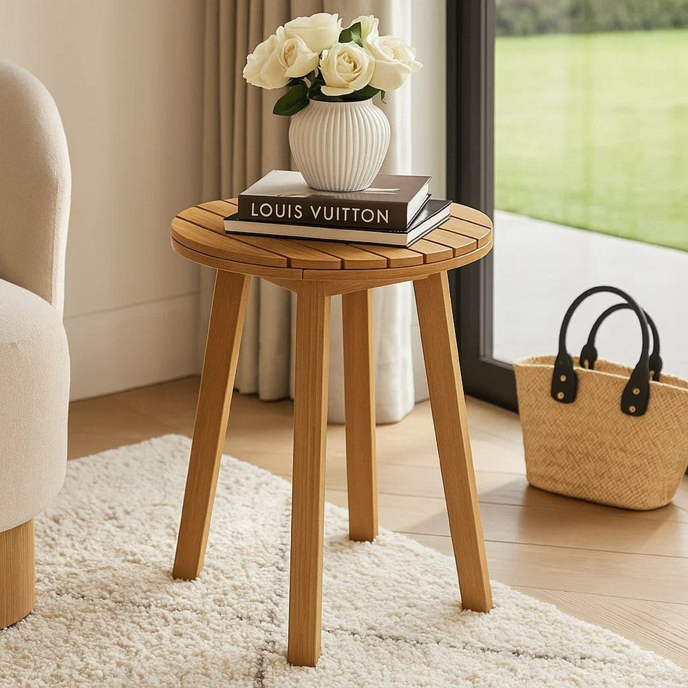 Heya Outdoor Side End Table | 20" Slatted Round Top | Natural Brown