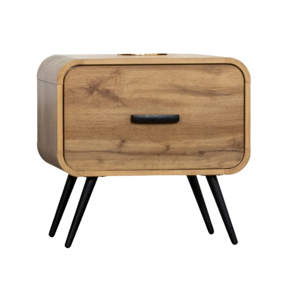 Wea Bed Side End Table | 1 Drawer | Black Angled Legs | Natural Oak Brown